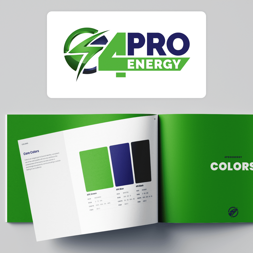 4ProEnergy's logo and brand guidelines document showing the colors section.