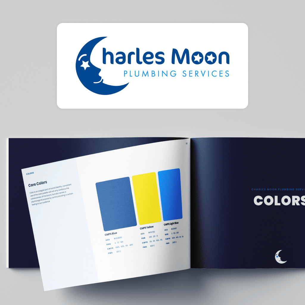 Charles Moon Plumbing's logo and brand guidelines document showing the colors section.