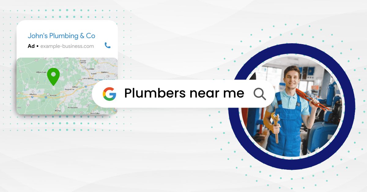 Google search bar that says "plumbers near me" with a plumber in the background
